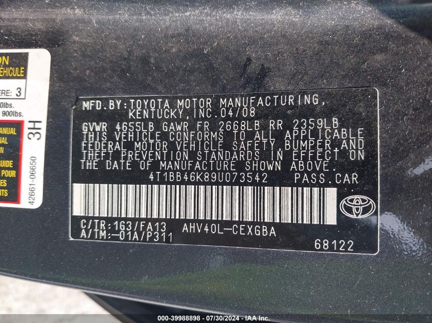 2009 Toyota Camry Hybrid VIN: 4T1BB46K89U073542 Lot: 39988898