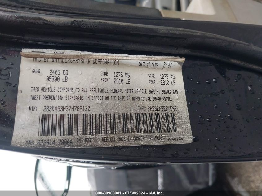 2007 Dodge Charger Rt VIN: 2B3KA53H37H782130 Lot: 39988901