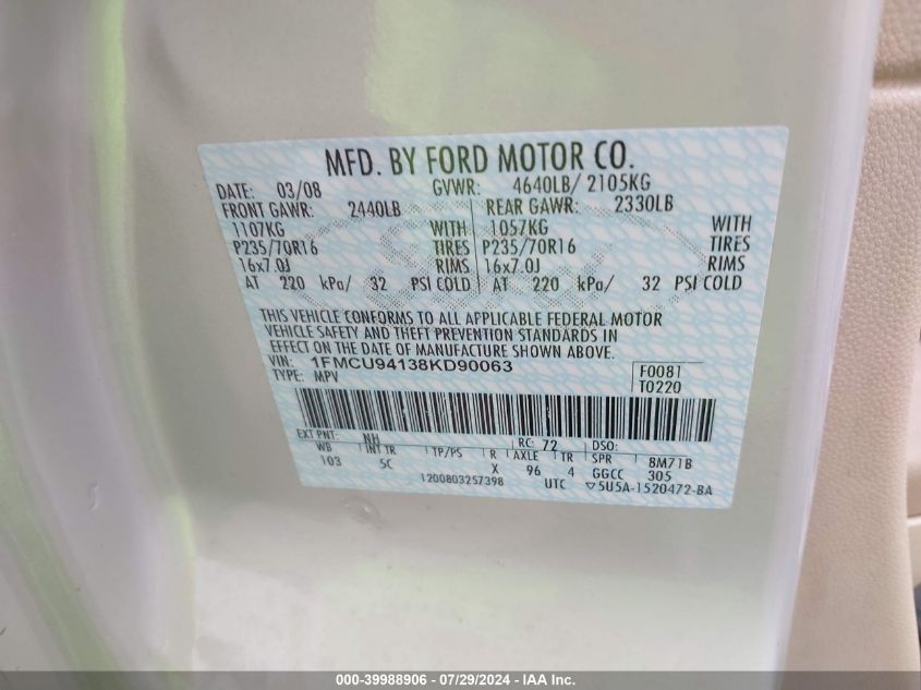 2008 Ford Escape Limited VIN: 1FMCU94138KD90063 Lot: 39988906