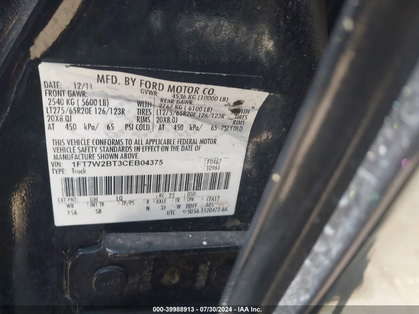 2012 Ford F-250 Lariat VIN: 1FT7W2BT3CEB04375 Lot: 39988913