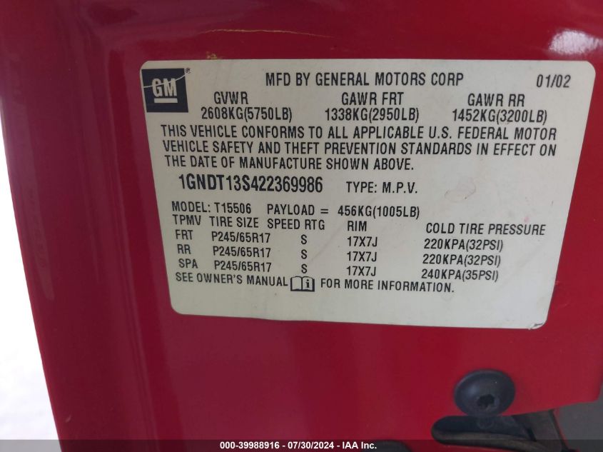 2002 Chevrolet Trailblazer Ltz VIN: 1GNDT13S422369986 Lot: 39988916