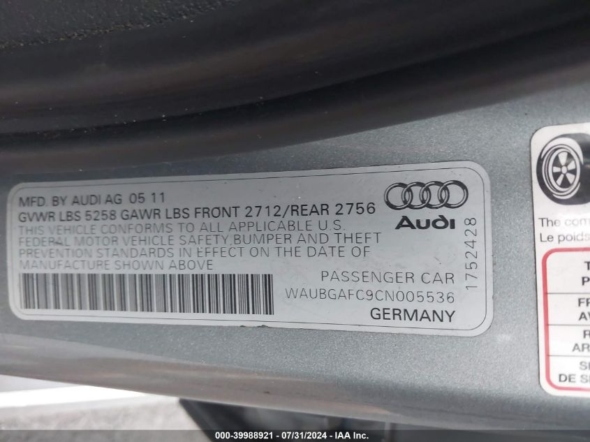 2012 Audi A6 VIN: WAUBGAFC9CN005536 Lot: 39988921
