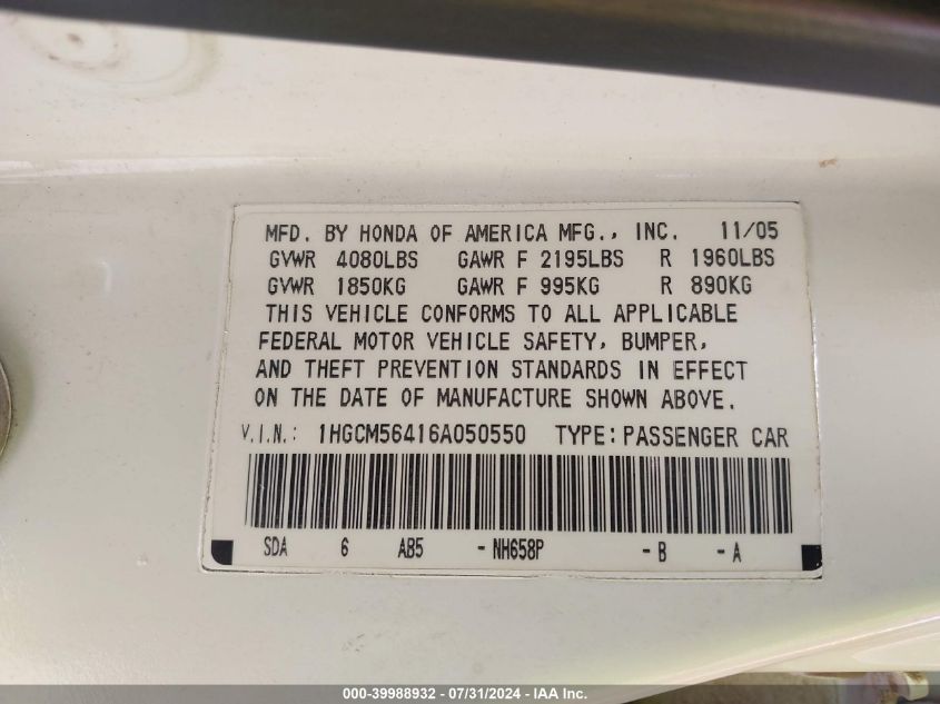 2006 Honda Accord Lx VIN: 1HGCM56416A050550 Lot: 39988932