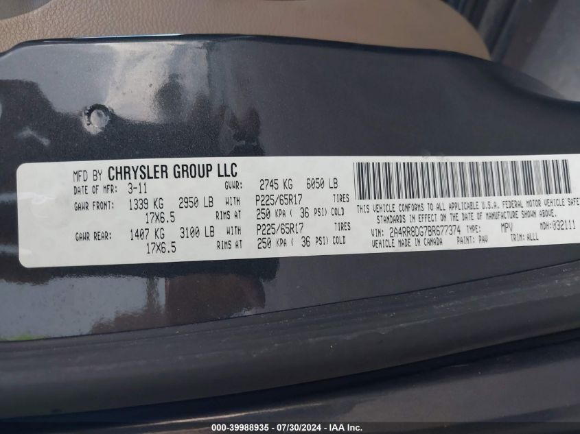 2011 Chrysler Town & Country Touring-L VIN: 2A4RR8DG7BR677374 Lot: 39988935