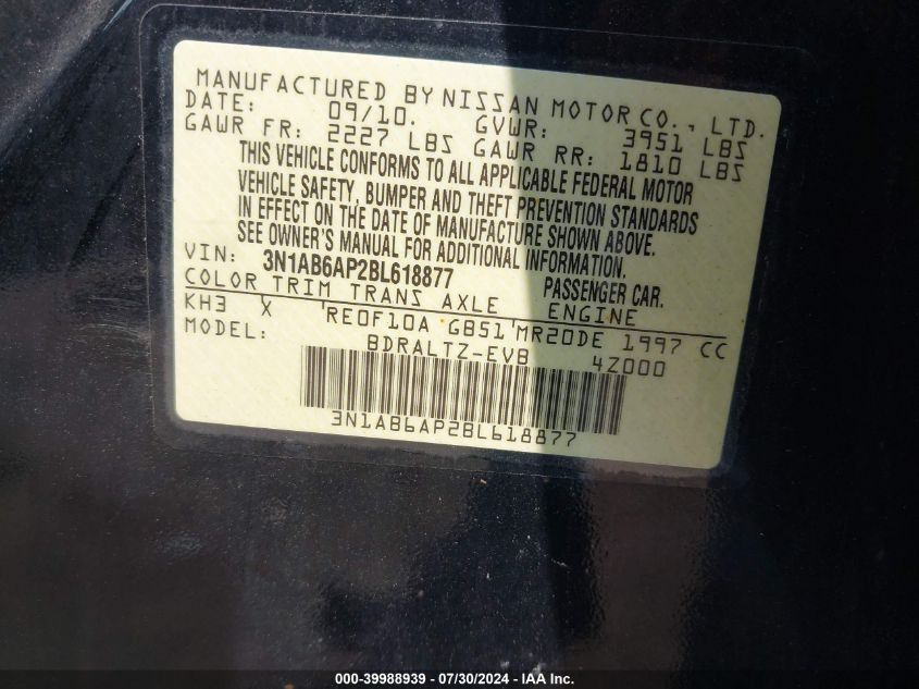 2011 Nissan Sentra 2.0Sr VIN: 3N1AB6AP2BL618877 Lot: 39988939