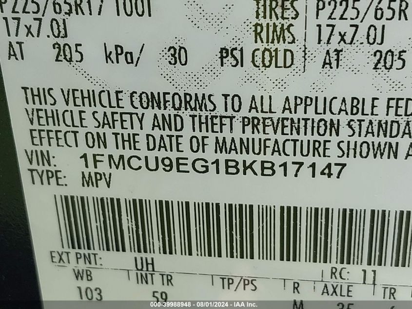 2011 Ford Escape Limited VIN: 1FMCU9EG1BKB17147 Lot: 39988948