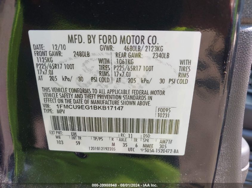 2011 Ford Escape Limited VIN: 1FMCU9EG1BKB17147 Lot: 39988948