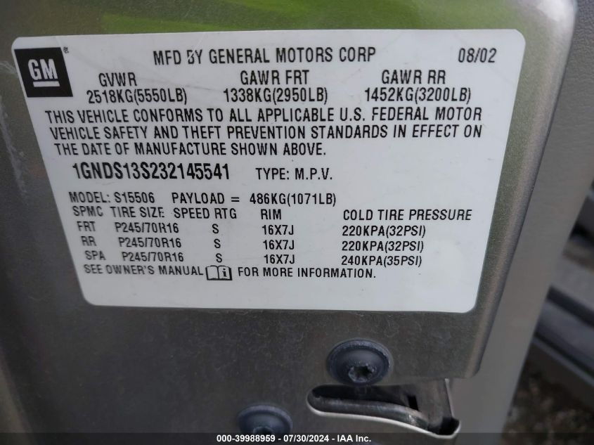 2003 Chevrolet Trailblazer Lt VIN: 1GNDS13S232145541 Lot: 39988959