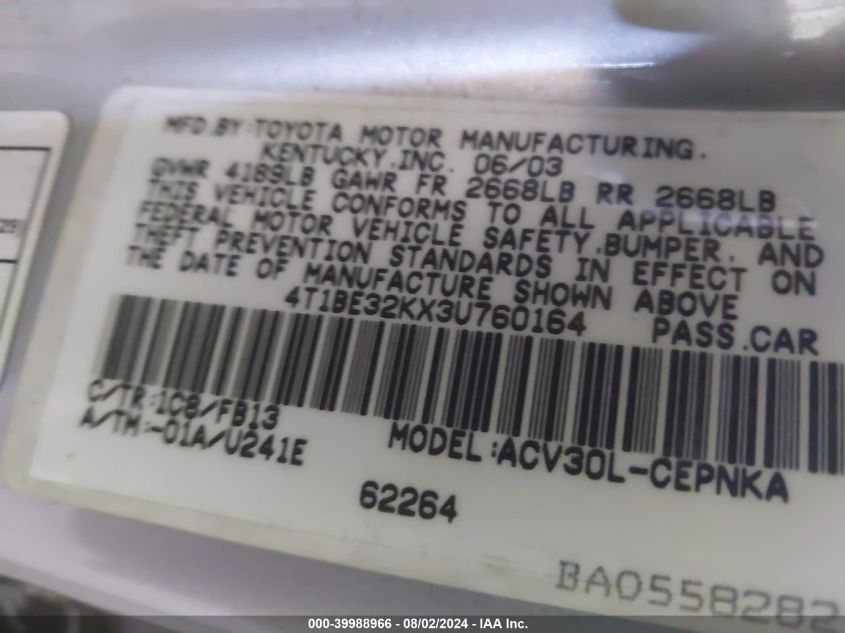 2003 Toyota Camry Le VIN: 4T1BE32KX3U760164 Lot: 39988966