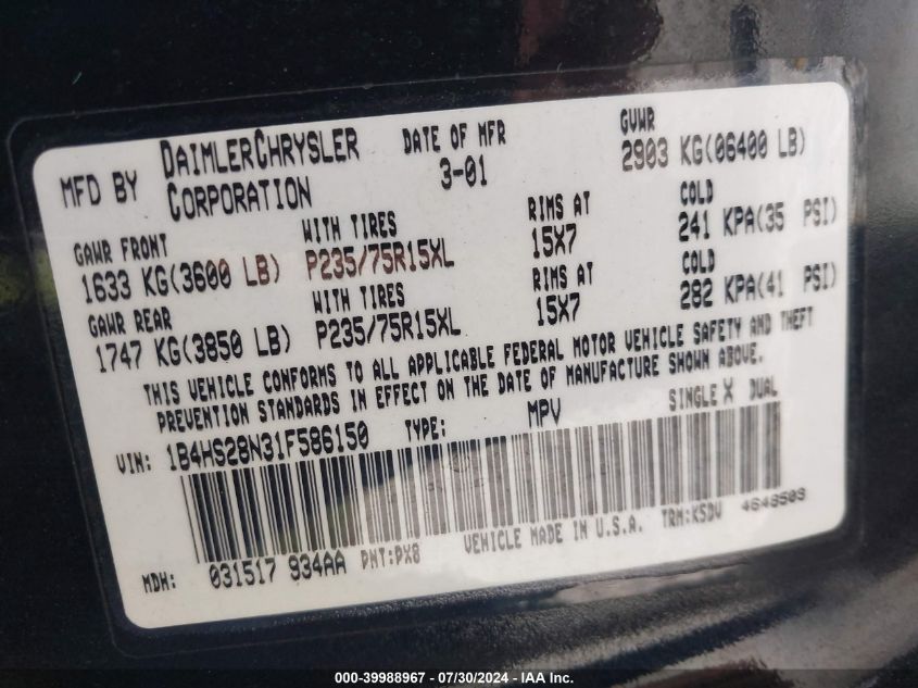 2001 Dodge Durango VIN: 1B4HS28N31F586150 Lot: 39988967