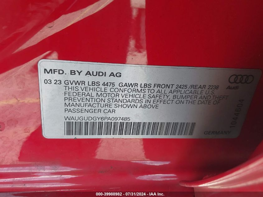 WAUGUDGY6PA097485 2023 Audi A3 Premium 40 Tfsi Quattro S Tronic