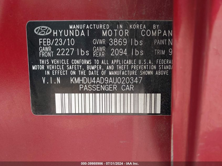 2010 Hyundai Elantra Gls VIN: KMHDU4AD9AU020347 Lot: 39988986