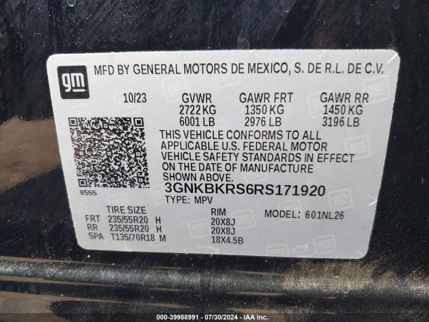 2024 Chevrolet Blazer Awd Rs VIN: 3GNKBKRS6RS171920 Lot: 39988991