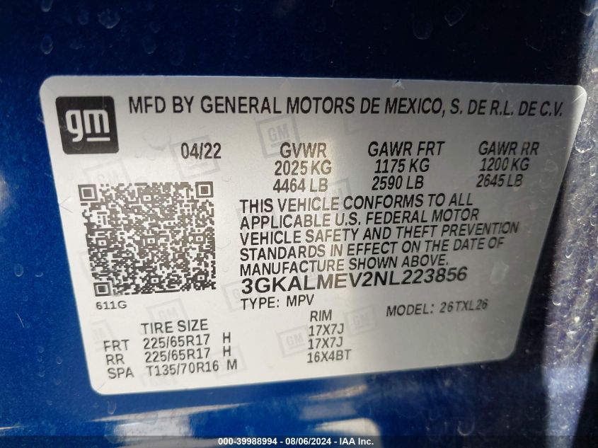 2022 GMC Terrain Fwd Sle VIN: 3GKALMEV2NL223856 Lot: 39988994