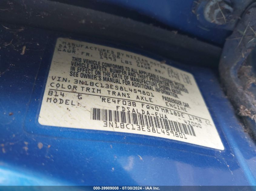 2008 Nissan Versa 1.8S VIN: 3N1BC13E58L459801 Lot: 39989008