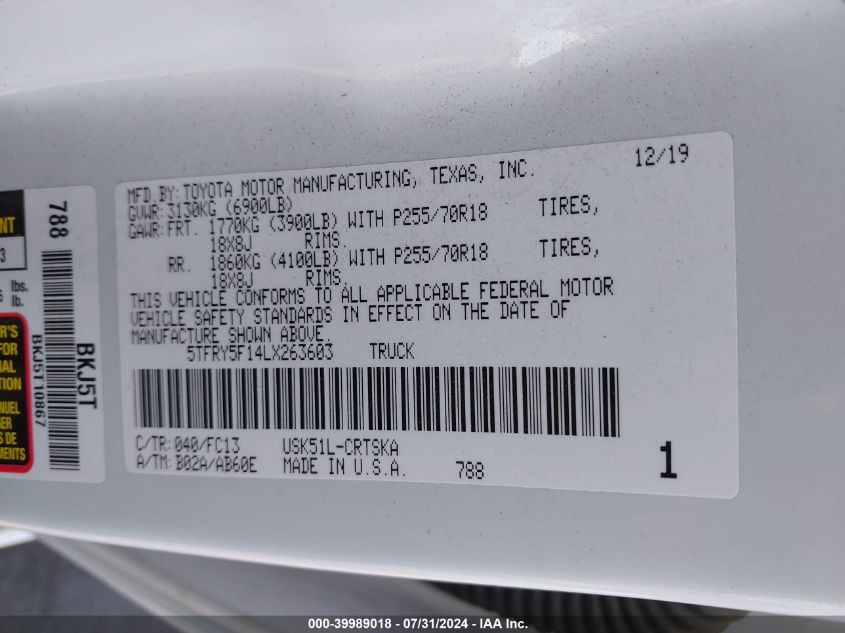 2020 Toyota Tundra Sr5 VIN: 5TFRY5F14LX263603 Lot: 39989018