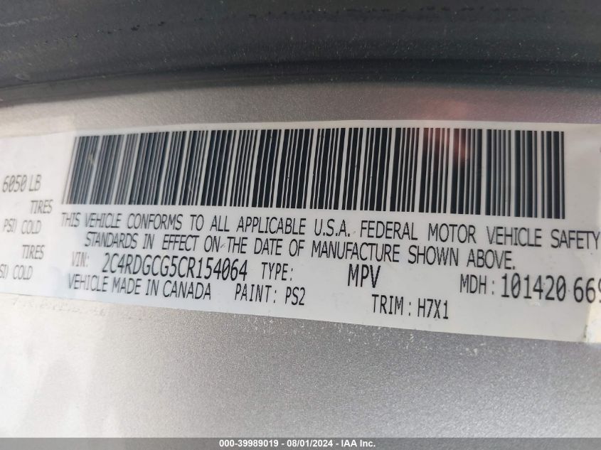 2012 Dodge Grand Caravan Sxt VIN: 2C4RDGCG5CR154064 Lot: 39989019