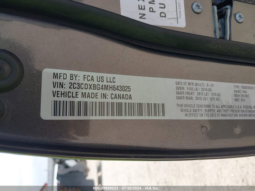 VIN 2C3CDXBG4MH643025 2021 DODGE CHARGER SXT RWD