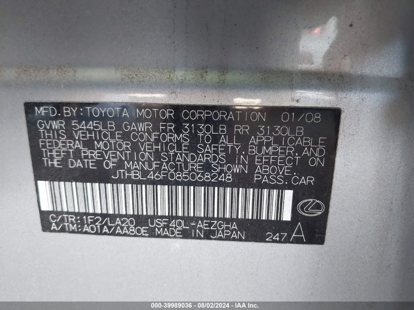 2008 Lexus Ls 460 VIN: JTHBL46F085068248 Lot: 39989036