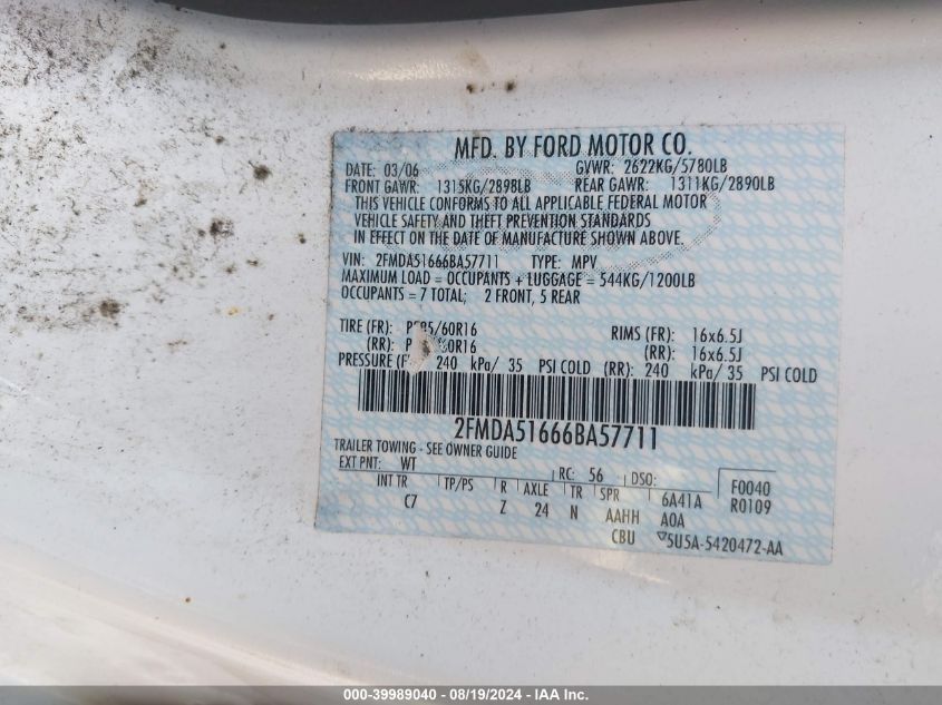 2006 Ford Freestar Se VIN: 2FMDA51666BA57711 Lot: 39989040