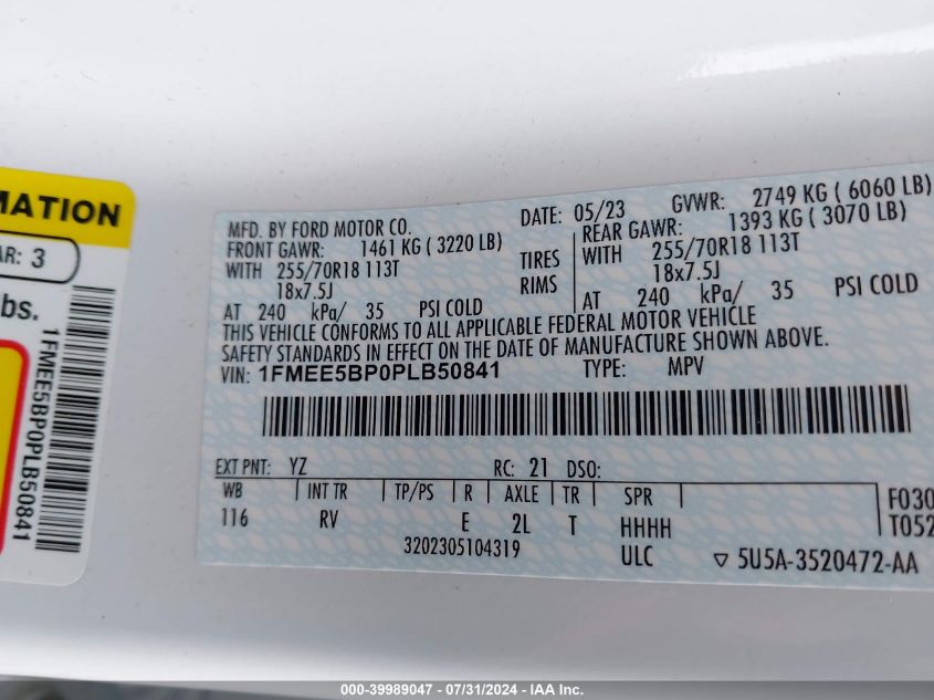 2023 Ford Bronco Outer Banks VIN: 1FMEE5BP0PLB50841 Lot: 39989047