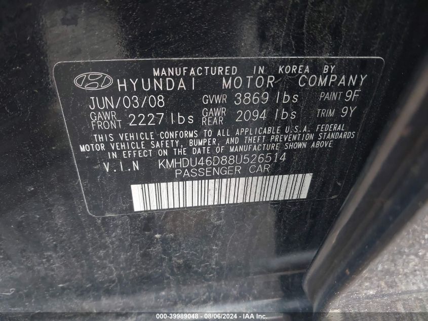 KMHDU46D88U526514 | 2008 HYUNDAI ELANTRA