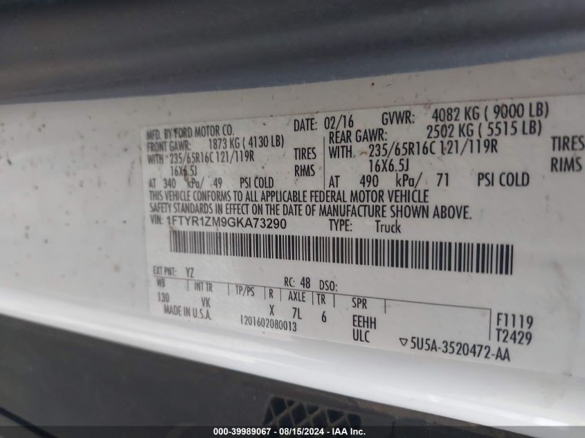 2016 Ford Transit-250 VIN: 1FTYR1ZM9GKA73290 Lot: 39989067