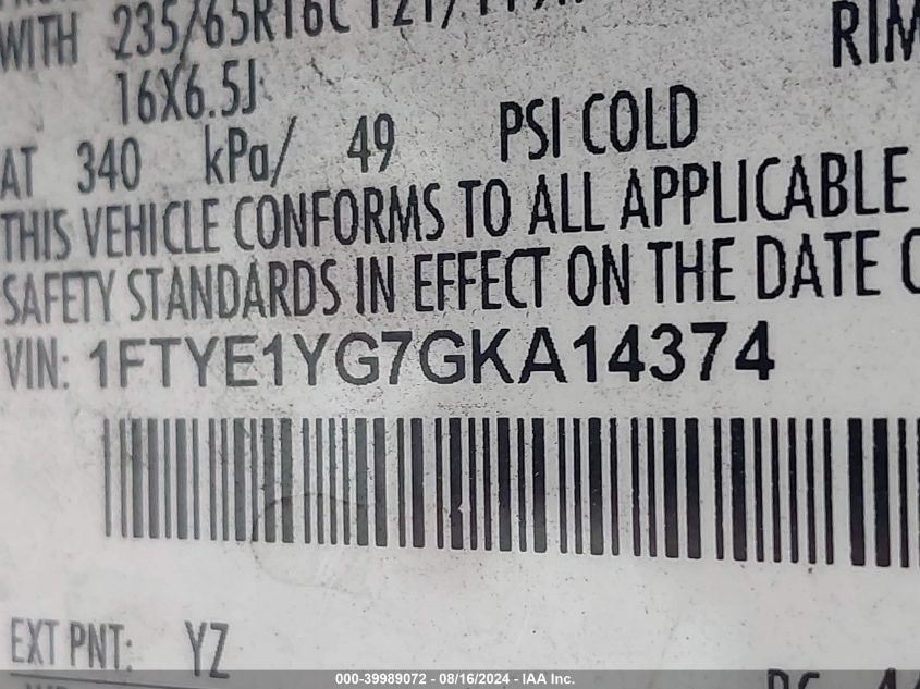 2016 Ford Transit-150 VIN: 1FTYE1YG7GKA14374 Lot: 39989072