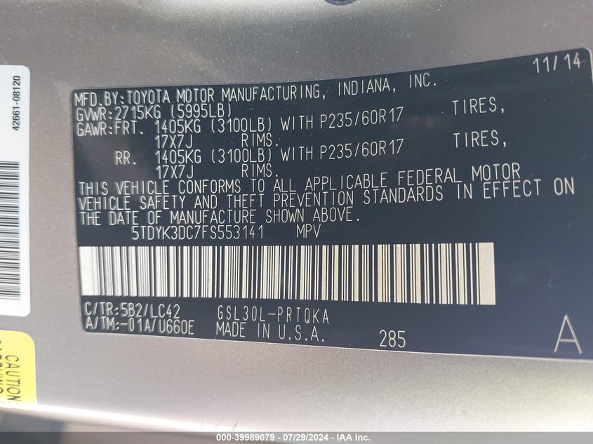 2015 Toyota Sienna Xle 8 Passenger VIN: 5TDYK3DC7FS553141 Lot: 39989079