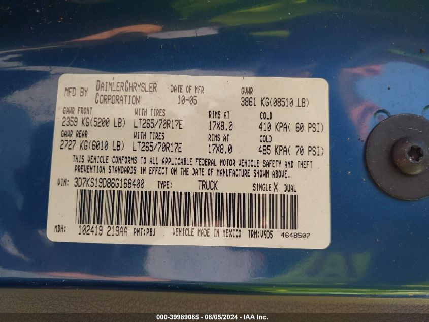 2006 Dodge Ram 1500 Slt VIN: 3D7KS19D86G168400 Lot: 39989085