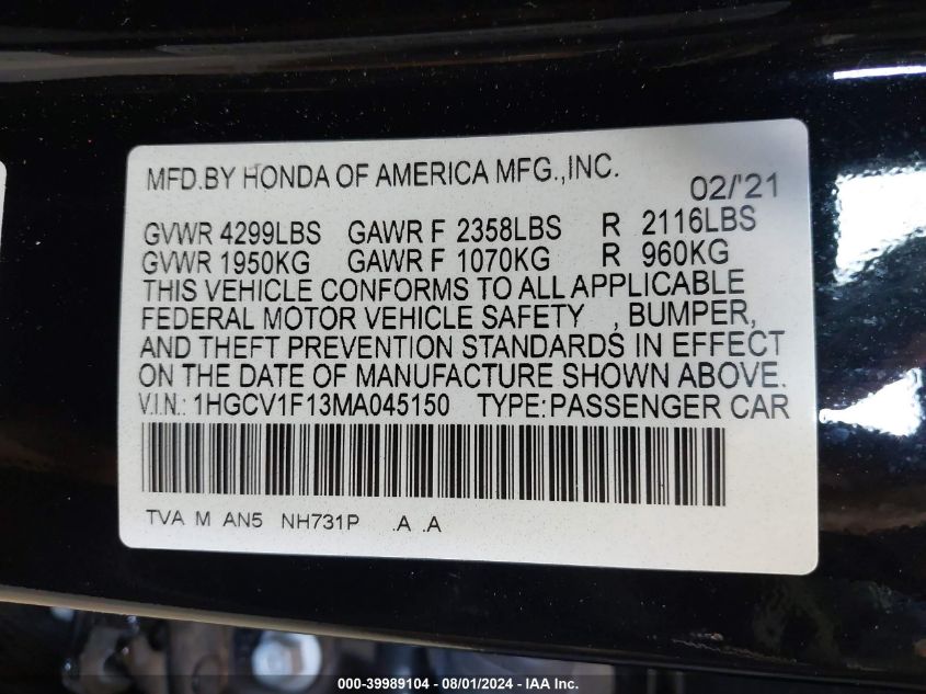 1HGCV1F13MA045150 2021 Honda Accord Lx