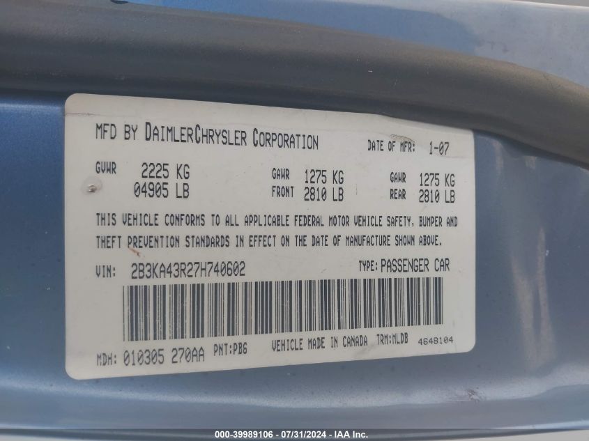 2007 Dodge Charger VIN: 2B3KA43R27H740602 Lot: 39989106
