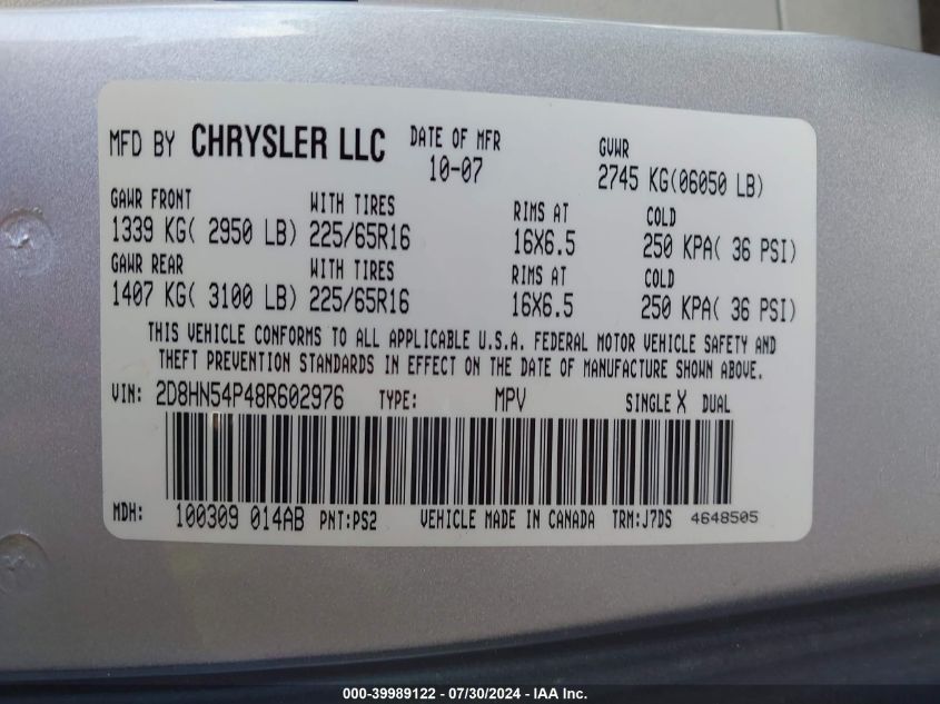2008 Dodge Grand Caravan Sxt VIN: 2D8HN54P48R602976 Lot: 39989122