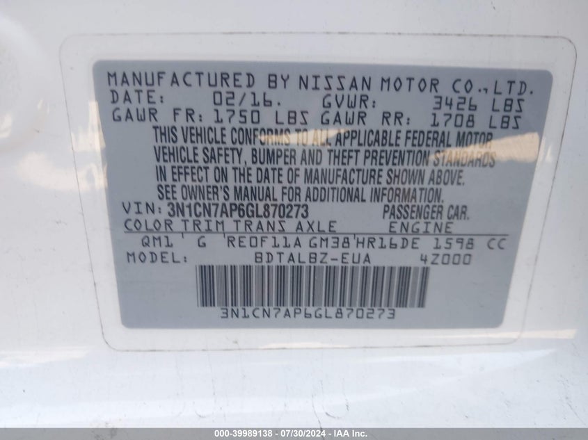 2016 NISSAN VERSA S/S PLUS/SV/SL - 3N1CN7AP6GL870273