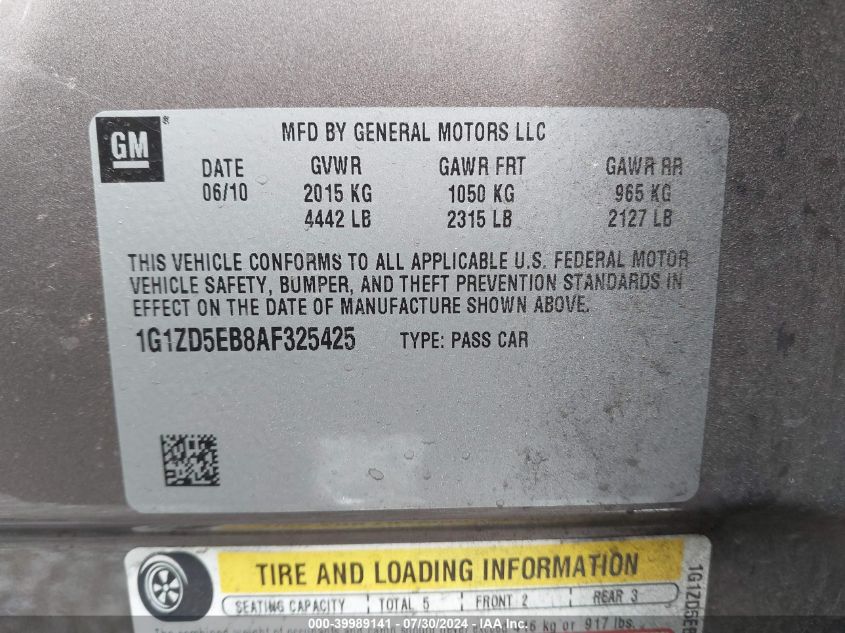 2010 Chevrolet Malibu Lt VIN: 1G1ZD5EB8AF325425 Lot: 39989141