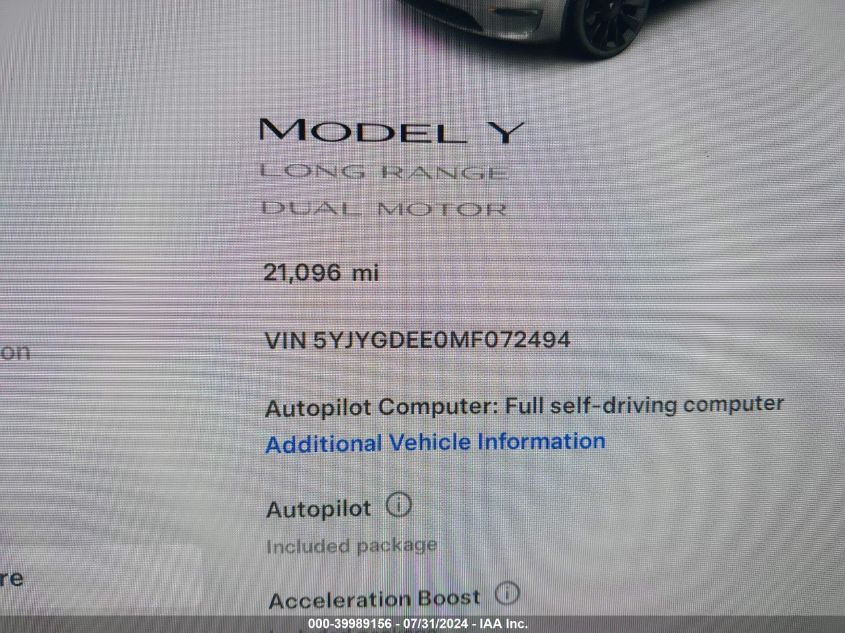 2021 TESLA MODEL Y LONG RANGE DUAL MOTOR ALL-WHEEL DRIVE - 5YJYGDEE0MF072494