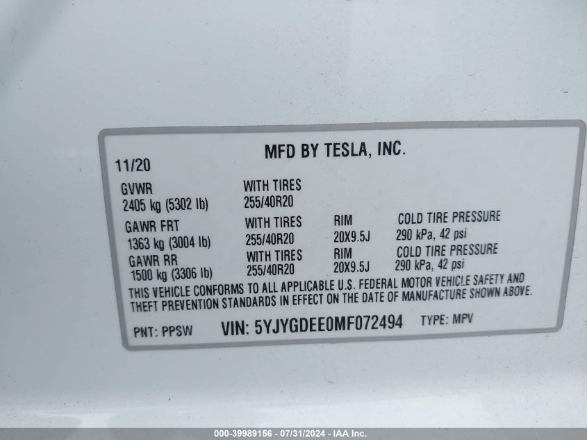 2021 TESLA MODEL Y LONG RANGE DUAL MOTOR ALL-WHEEL DRIVE - 5YJYGDEE0MF072494