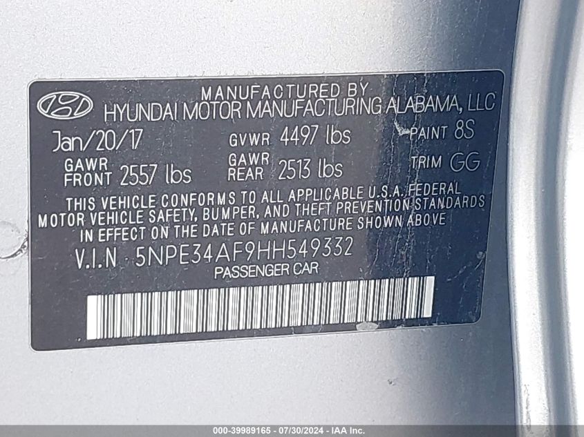 2017 Hyundai Sonata Sport/Limited VIN: 5NPE34AF9HH549332 Lot: 39989165
