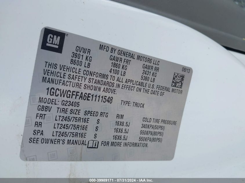 2014 Chevrolet Express 2500 Work Van VIN: 1GCWGFFA6E1111548 Lot: 39989171