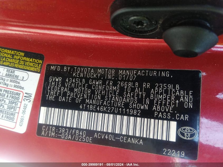 2007 Toyota Camry Le VIN: 4T1BE46K27U111982 Lot: 39989191