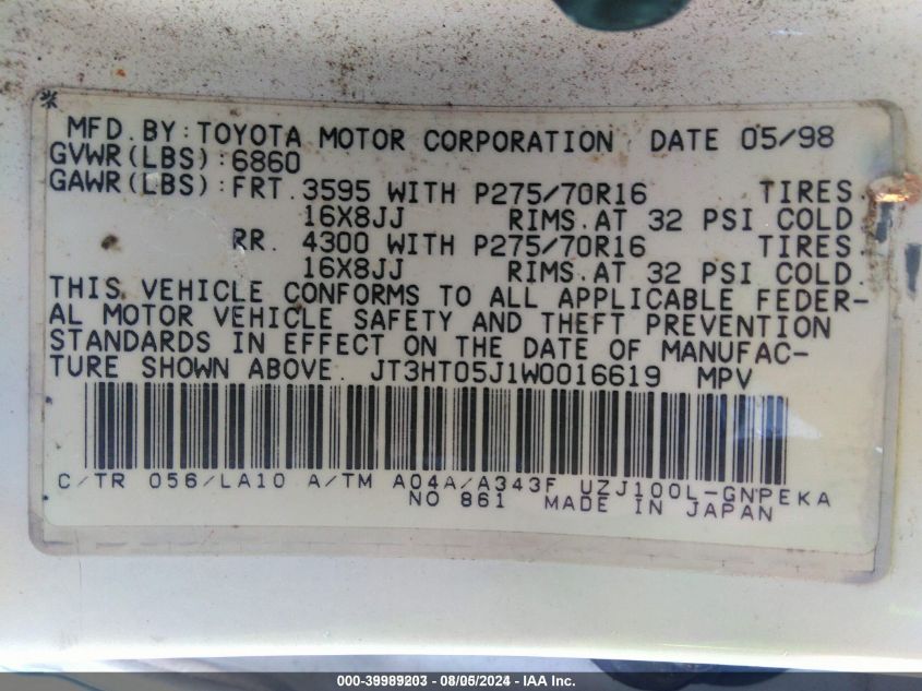 JT3HT05J1W0016619 1998 Toyota Land Cruiser