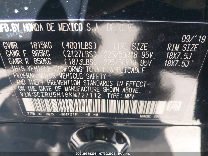 2019 Honda Hr-V Sport VIN: 3CZRU5H16KM727112 Lot: 39989206