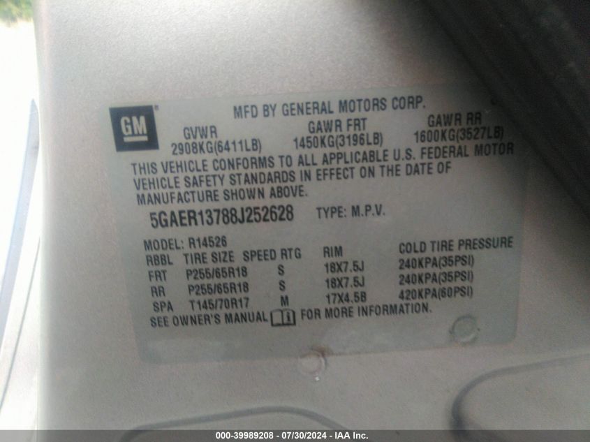 2008 Buick Enclave Cx VIN: 5GAER13788J252628 Lot: 39989208