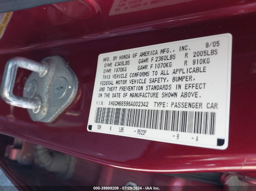 2006 Honda Accord 3.0 Ex VIN: 1HGCM66596A002342 Lot: 39989209
