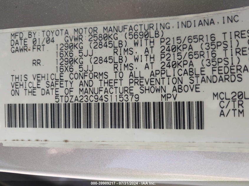 2004 Toyota Sienna Le VIN: 5TDZA23C94S115379 Lot: 39989217