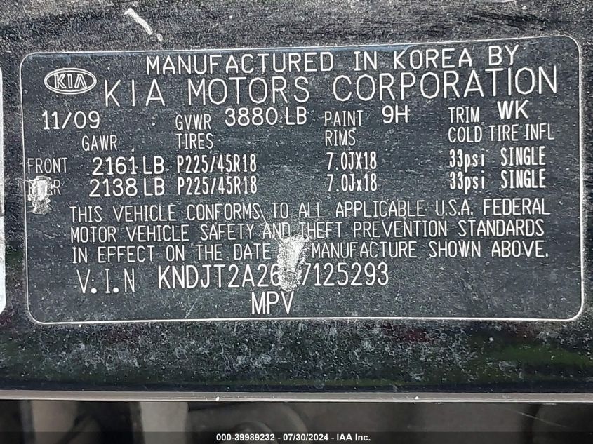 2010 Kia Soul + VIN: KNDJT2A26A7125293 Lot: 39989232