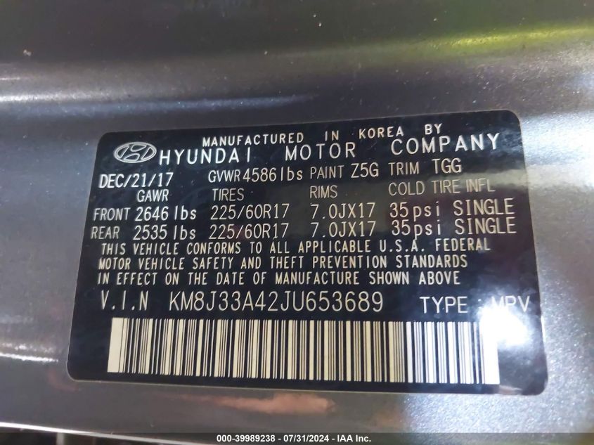 KM8J33A42JU653689 2018 Hyundai Tucson Sel