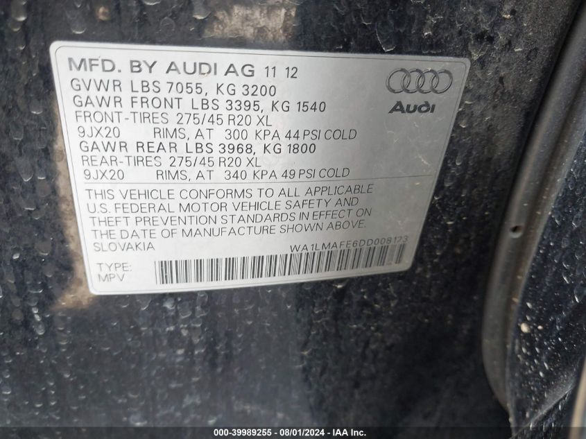 2013 Audi Q7 Premium Plus VIN: WA1LMAFE6DD008123 Lot: 39989255