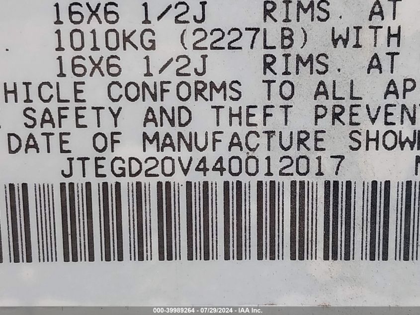 2004 Toyota Rav4 VIN: JTEGD20V440012017 Lot: 39989264