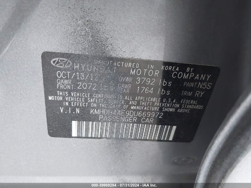 2013 Hyundai Elantra Gls/Limited VIN: KMHDH4AE9DU669972 Lot: 39989284